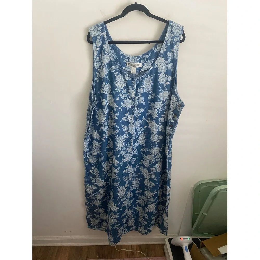Blue Floral Cotton Denim Sleeveless Jumper Dress Plus Size 2X - Picture 1 of 8